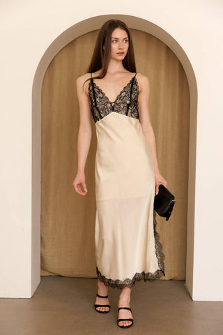 Champagne Noir Lace Slip Midi Dress S / CHAMPAGNE/BLACK