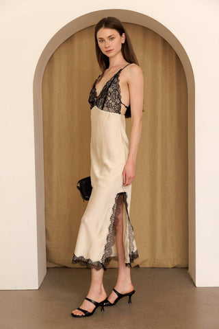 Champagne Noir Lace Slip Midi Dress