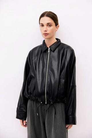 The Lizette Jacket | Pleather Drawstring Bomber Jacket