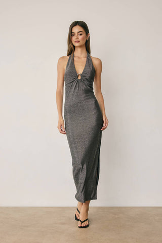 Monroe Metallic Gold Trim Halter Open Back Dress