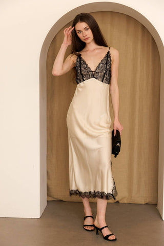 Champagne Noir Lace Slip Midi Dress