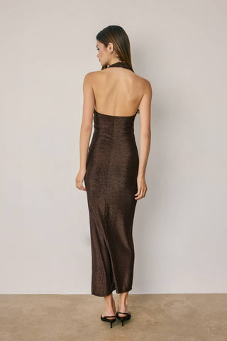 Monroe Metallic Gold Trim Halter Open Back Dress