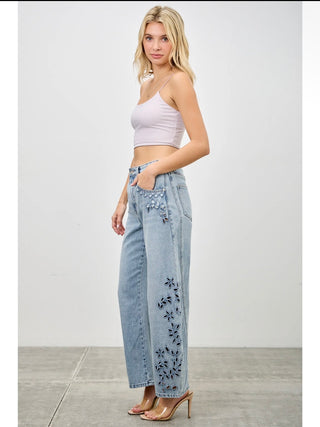 Garden Cutwork Jeans - Washed Blue