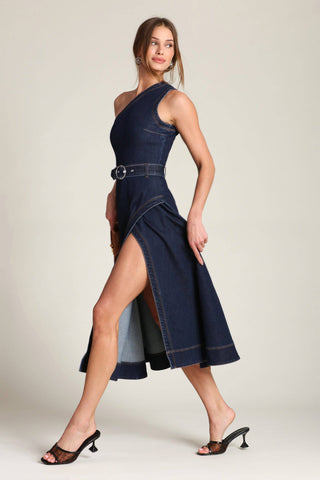One Shoulder Belted Denim Midi Dress
