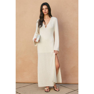 Ecru Escape Gold Trim Bell Sleeve Maxi Dress