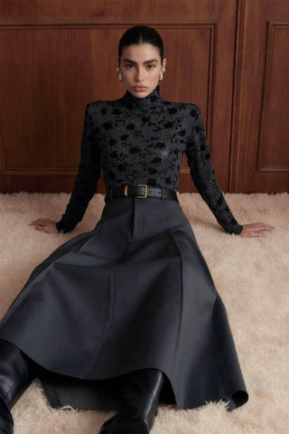 Belted Woven A-Line Maxi Skirt