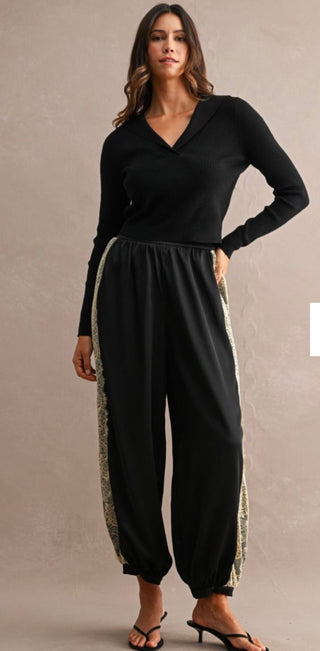 Noir Chantilly Satin and Lace Pants