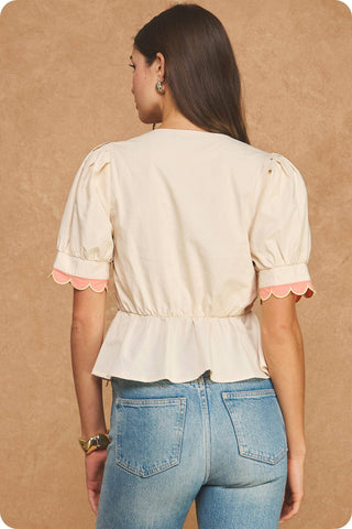 Scalloped Embroidery Detail Puff Sleeve Peplum Top