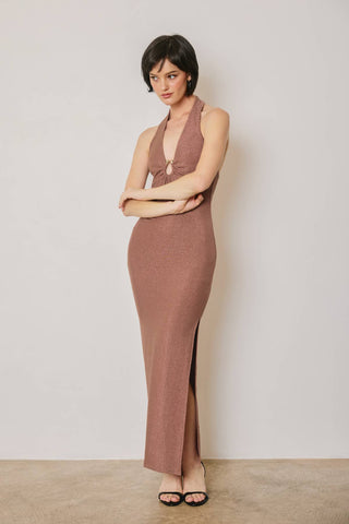 Monroe Metallic Gold Trim Halter Open Back Dress