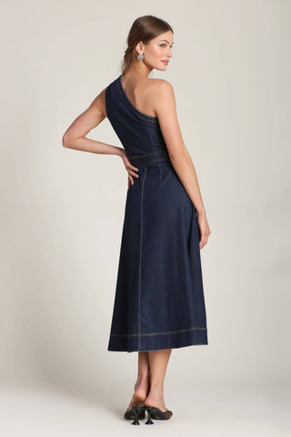 One Shoulder Belted Denim Midi Dress
