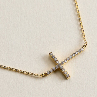 Crystal Cross Necklace – Dainty Sideways - Gold Filled