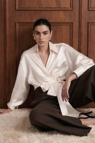 Downtown Crinkled Satin Wrap Tie Blouse