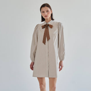 Marguerite long sleeve striped mini shirt dress with polka dot bow, full length