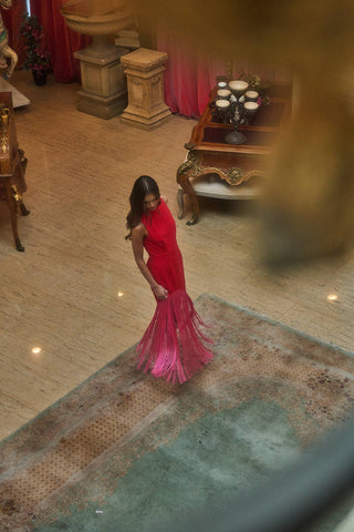 Gigi Fringe Sleeveless Maxi Dress - Hot Pink and Red Fringe