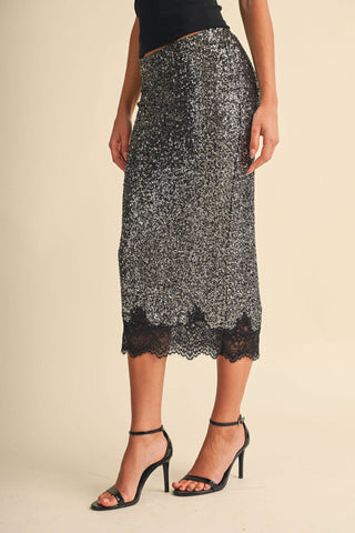 Sequin and Lace Midi Pencil Skirt