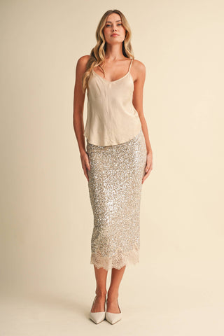 Sequin and Lace Midi Pencil Skirt