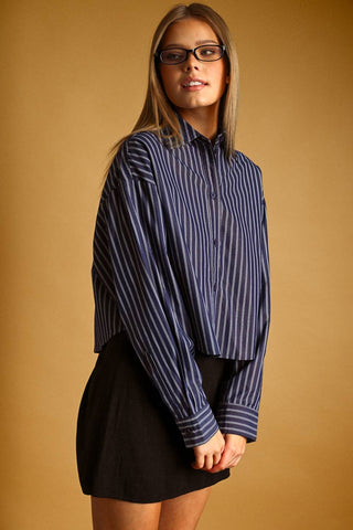 STRIPED BUTTON FRONT CROP SHIRT