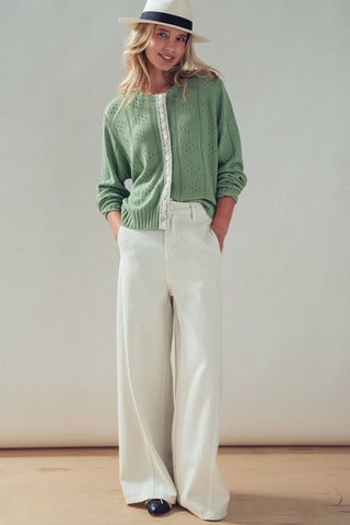 Pointelle Knit Cardigan Lace Trim Button Down