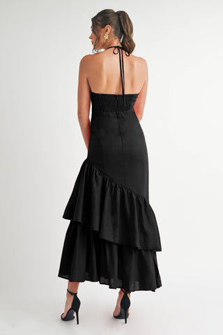 Ruffle Halter Maxi Linen Dress