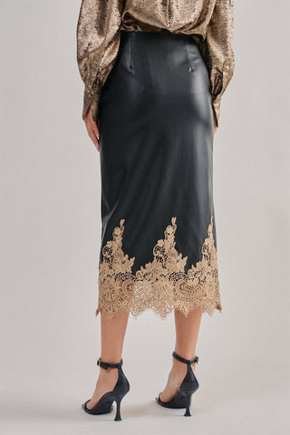 Grace Faux Leather Midi Skirt with Lace Hem – view 4 – Into The Palms