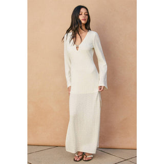Ecru Escape Gold Trim Bell Sleeve Maxi Dress