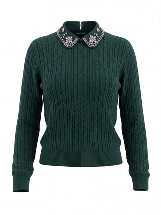 Embellished Collar Cable Knit Sweater