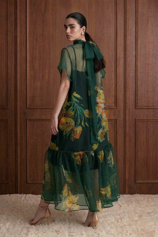Botanical Print Sheer Overlay Tie-Neck Dress