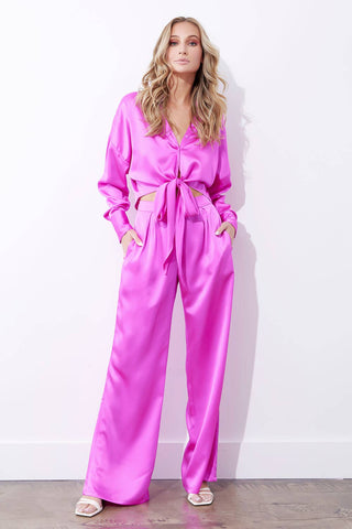 Front Pleat Wide Leg Satin Pants