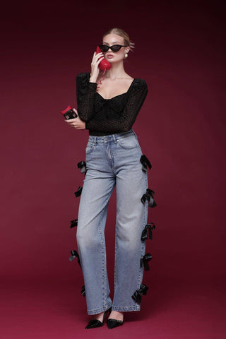 Bow Trim Wide Leg Jeans