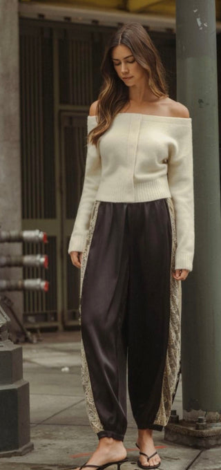 Noir Chantilly Satin and Lace Pants