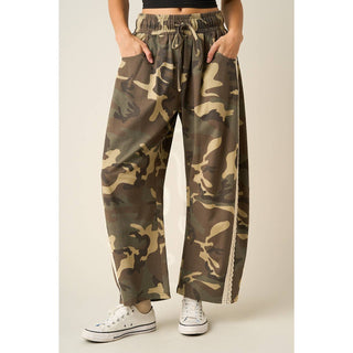 Camo Print Lace Trim Barrel Leg Pants – Into The Palms women's boutique