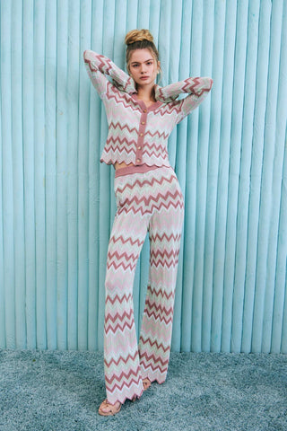 Rosé Riviera Knit Set - Geometric Pattern Knit Cardigan & Pants Set