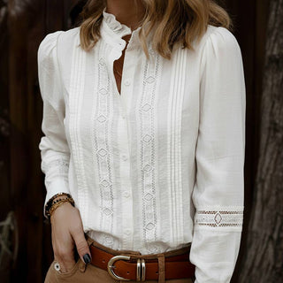 Lace Trim Button-Front Long Sleeve Blouse - PREORDER