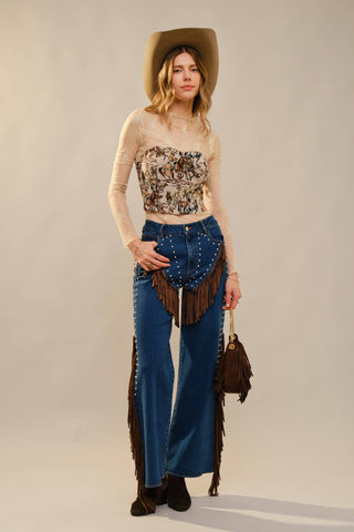 Horse Jacquard Lace-Up Corset Top