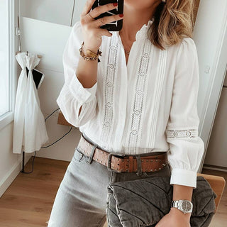 Lace Trim Button-Front Long Sleeve Blouse - PREORDER