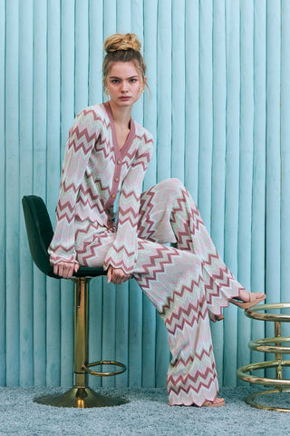 Rosé Riviera Knit Set - Geometric Pattern Knit Cardigan & Pants Set