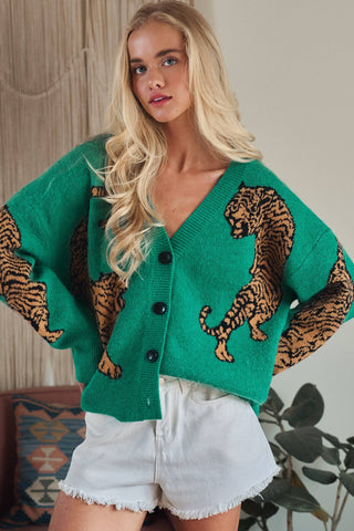 Tiger Jacquard Knit Sweater Cardigan