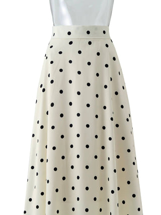 Ivory Polka Dot High Waist Satin A-Line Maxi Skirt