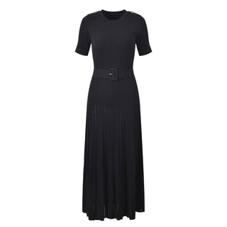 Ribbed Knit Belted Midi Dress Short Sleeve