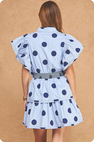 Top Stitch Statement Sleeve Polka Dot Mini Dress