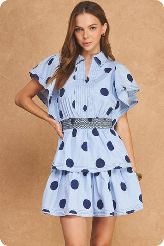 Top Stitch Statement Sleeve Polka Dot Mini Dress