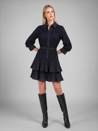Lace Tiered Pleated Shirt Dress