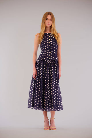 Midnight in Portofino Navy Polka Dot Midi Dress – front view – Into The Palms boutique