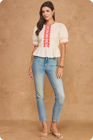Scalloped Embroidery Detail Puff Sleeve Peplum Top