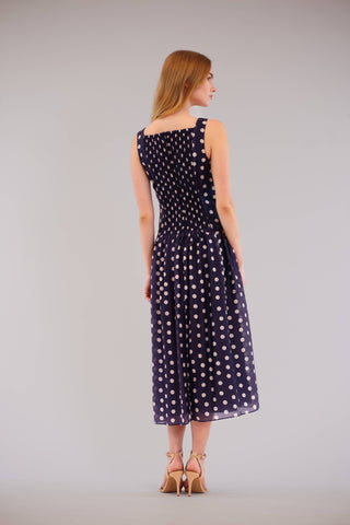 Midnight in Portofino Navy Polka Dot Midi Dress – polka dot detail – Into The Palms boutique