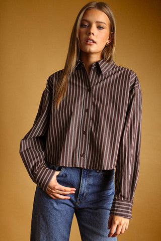 STRIPED BUTTON FRONT CROP SHIRT