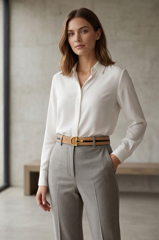 Leather Belt with Gold D Buckle and Contrast Edge Detail