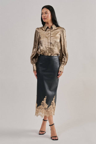 Grace Faux Leather Midi Skirt with Lace Hem – view 5 – Into The Palms