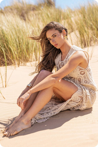 Solara Sands Asymmetric Scalloped Crochet Top And Skirt Set