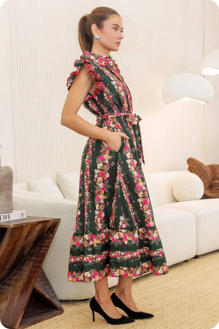 Ruffle Scallop Floral Garden Midi Dress